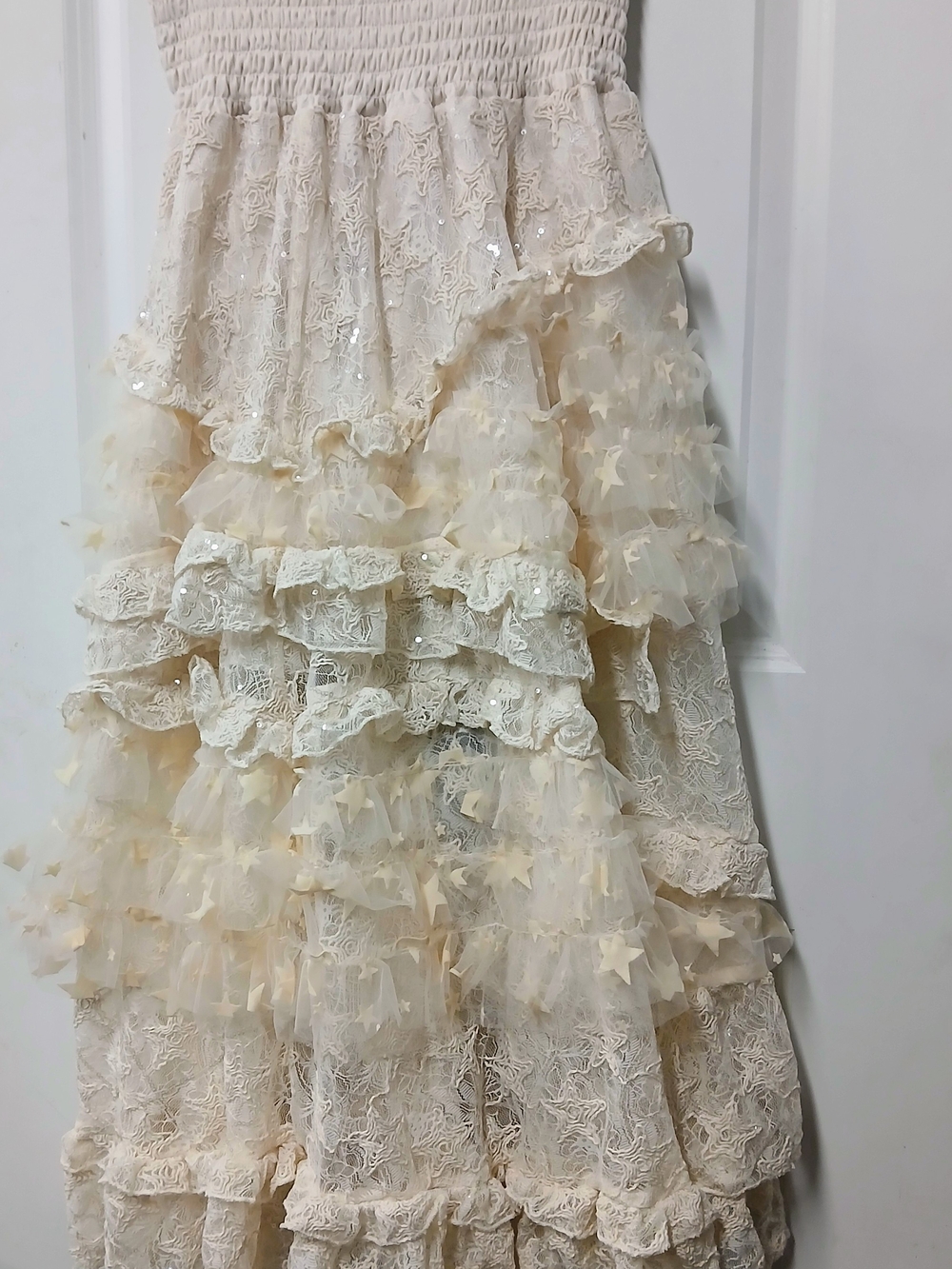Tiered Lace and Tulle Maxi Skirt in Cream